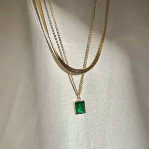 Set of 2 Herringbone and Emerald Gemstone Necklaces